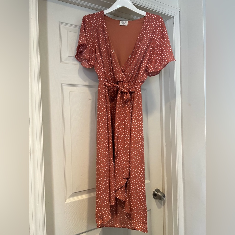 Medium dusty rose and white polka dot wrap dress